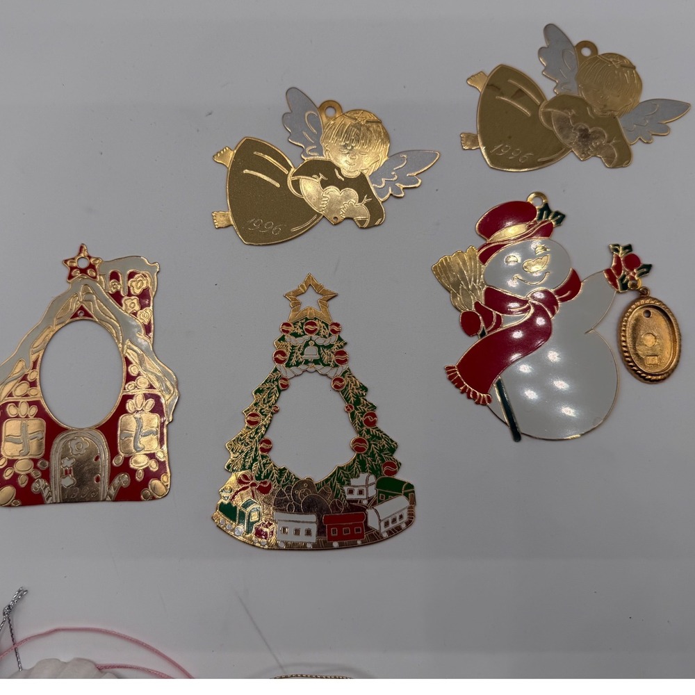 Vintage Gloria Duchin Gold Tone Enamel Christmas Ornament 5pc Set Angels 1993 96